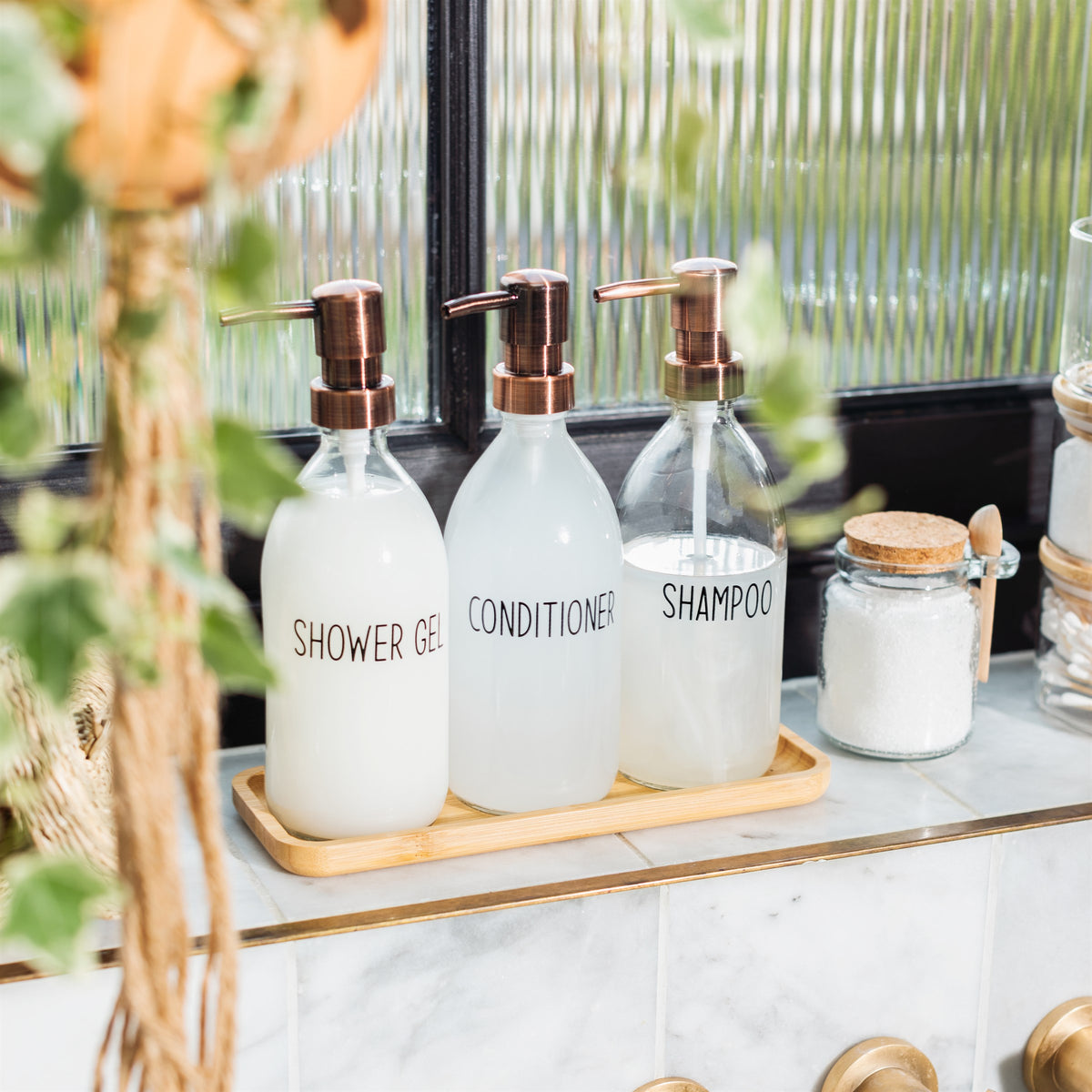 shampoo aufbewahrung flaschen Geschenk Set Bad Seifenspender Pumpflasche Glas mit TAblett Bambu
