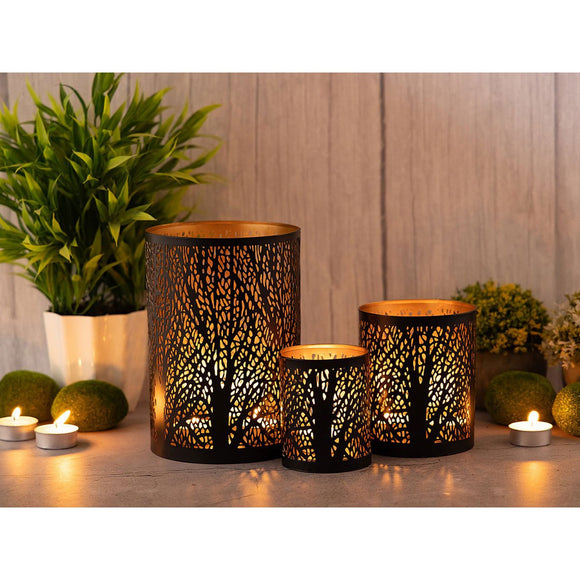 Windlicht 3er Set Kerzenständer Forest Teelichthalter rund schwarz gold