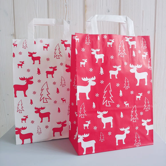 Geschenktüte Papiertüte Griff und Boden weiss rot Elch