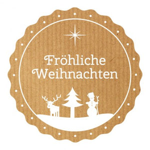 10 Sticker "Fröhliche Weihnachten" weiss auf braun rund ca. 4 cm