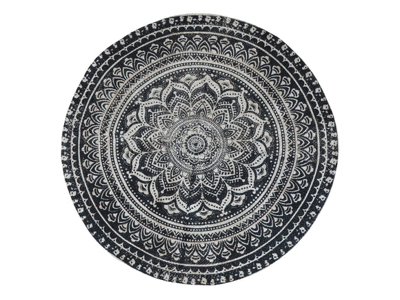 Teppich BOHO rund  120 cm Mandala schwarz mit Blumendruck